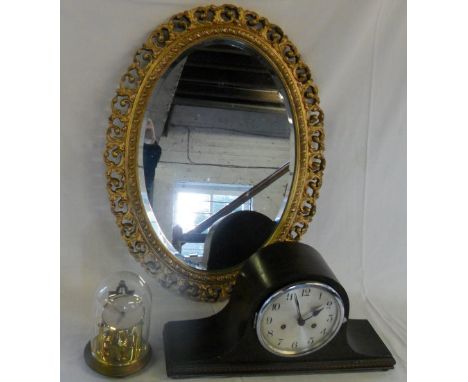 Oak Mantle clock, domed clock & gilt framed mirror