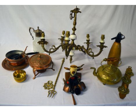 Brass kettle, horse brasses, light fitting, copper plate, pans etc