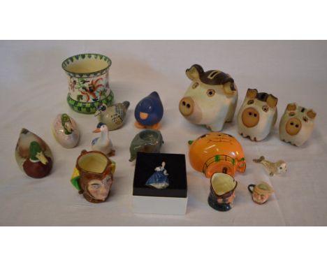 Royal Doulton small planter, miniature lady, character jugs & various animal ornaments / money boxes