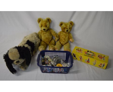 Boxed Pelham Puppet (Gypsy), 2 old teddy bears, dog & basket of badges 