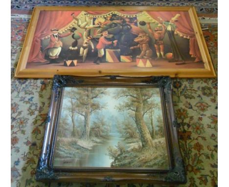 Oil on canvas of a landscape with river running through & large circus print