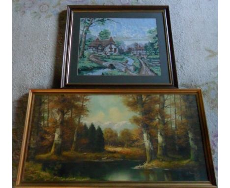 Tapestry of a cottage & oil on canvas of a woodland scene