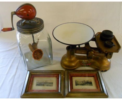 Carnegie & Layton scales with weights, Blow Butter Churn & 2 framed silk cards
