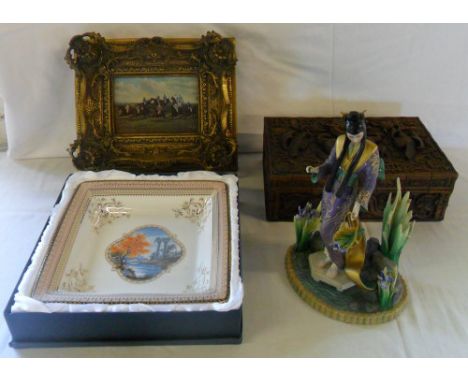 Porcelaine dec a la main square dish, Franklin Mint 'Ayame' figurine, carved wooden box & horse racing print