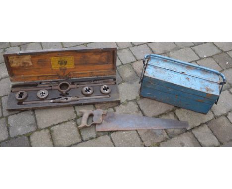 'Little Giant' tap & screw set in box, metal tool box with tools & wood saw