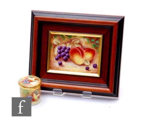 A framed rectangular Fallen Fruits enamel plaque decorated by former Royal Worcester artist S. Smith with peaches, black grap