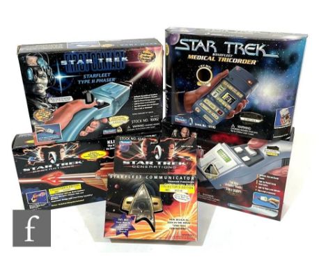 A collection of Playmates Star Trek items, comprising Generation Starfleet Communicator, Generations Klingon Disruptor, Insur