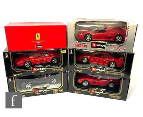 Six Bburago 1:18 scale diecast model Ferraris, 3039 348tb 1989, 3507 250 Testa Rossa 1957, 3032 F40 1987, 3352 F50 1995, 3011