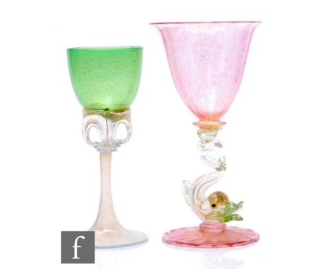 A large late 19th Century Italian Murano wine goblet in the manner of Salviati, the large fluted bowl in pink with gold avent