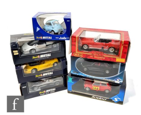 Seven 1:18 scale diecast models by Revell, Solido and Mira, to include a Ford Mustang, BMW Isetta, Pinifarina Mythos etc, all