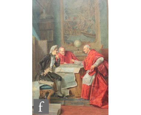 G. R. MORETTI (LATE 19TH CENTURY) - An interior scene with a gentleman and cardinals examining maps, watercolour, signed, fra