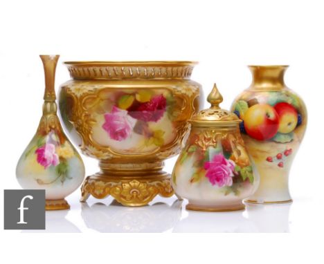 Four pieces of Royal Worcester comprising a Fallen Fruits shape 2471 baluster vase, panel decorated by Price, a shape H291 va