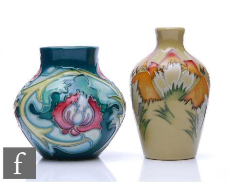 Two small Moorcroft Pottery vases, one decorated in the Magic Toadstool pattern designed by Kerry Goodwin and one in the Leic