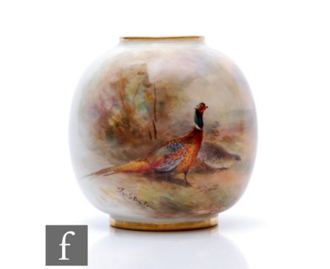 A small Royal Worcester shape 2491 vase of ovoid form panel decorated by James Stinton with a hand painted pheasant and grous