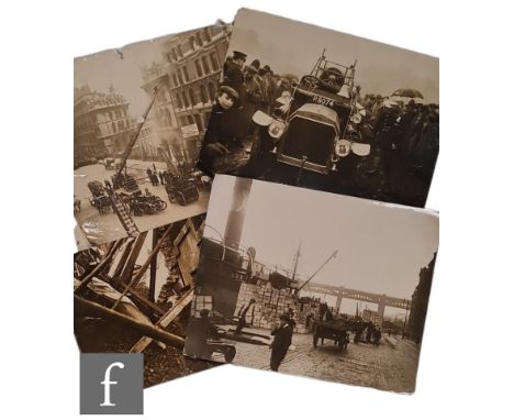 A collection of early black and white photographs of incidents and natural disasters, an image of the fire engine stuck in th