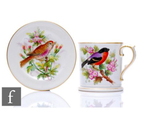 A small Royal Worcester mug decorated with a hand painted chaffinch perched on a flowering branch, puce mark with indistinct 