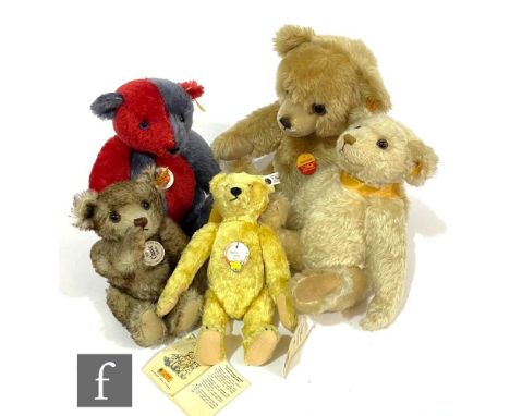 A collection of Steiff teddy bears, comprising 408328 1948 Replica, 006418 1926 Classic, 003530 Classic Harlequin, 654701 Mil