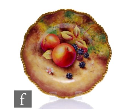 A Royal Worcester Fallen Fruits hand painted cabinet plate decorated by Nutt with apples and blackberries, signed, black 'Han