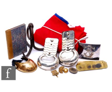 A 19th Century officer's gorget, a pair of plated lobster tail epaulettes, a plated belt buckle 'Spero Meliora', an 1828 rebo