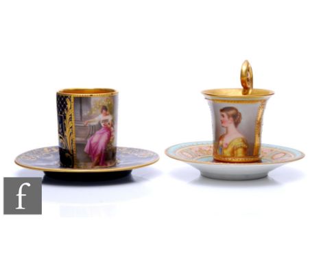 Two late 19th to early 20th Century cabinet cups and saucers, the first decorated to the cylindrical cup with a hand painted 