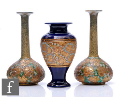 A pair of early 20th Century Royal Doulton Chine Ware vases of globe and shaft form decorated to the body with enamel detaili