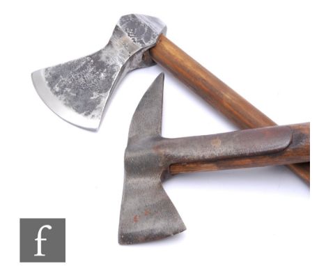 A small military hand axe stamped Perks with arrow, wooden shaft, length 40cm, and a similar hand axe with later shaft, lengt
