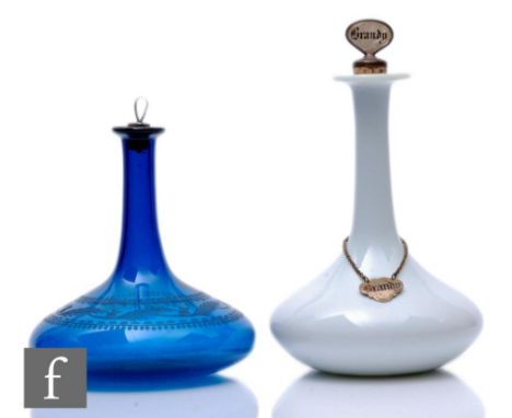 A Georgian Mell decanter circa 1830, of squat ovoid form with tall collar neck all in an opaque opal ground, complete with a 