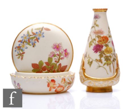 A Royal Worcester blush ivory shape 1294 powder box and cover decorated with flowers and moulded detailing to the rim edge, p