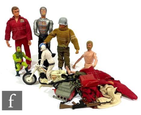 A collection of assorted action figures to include Denys Fisher Six Million Dollar Man, Maskatron, Ideal Evel Knievel, two Pa