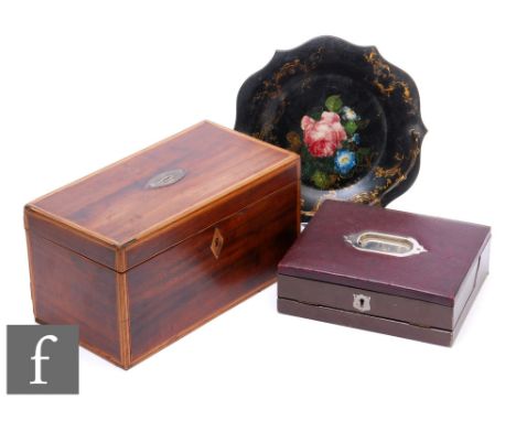 A 19th Century inlaid rectangular mahogany tea caddy, width 31cm, a travelling writing box in maroon leather and a Jennins &a