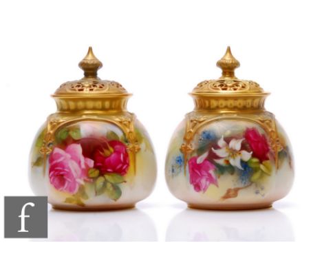 Two Royal Worcester shape H175 covered vases, both decorated with hand painted floral sprays, one with pink and crimson roses