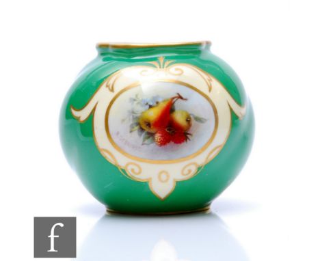 A small Royal Worcester shape G161 ovoid vase decorated with a hand painted cartouche by Sebright with pears and raspberries 