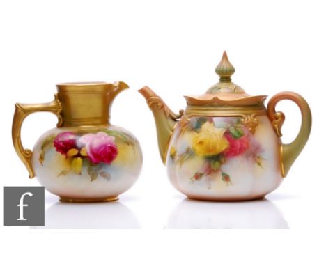 A late 19th Century Hadley's Worcester teapot decorated with hand painted yellow and crimson roses, printed mark, height 15cm
