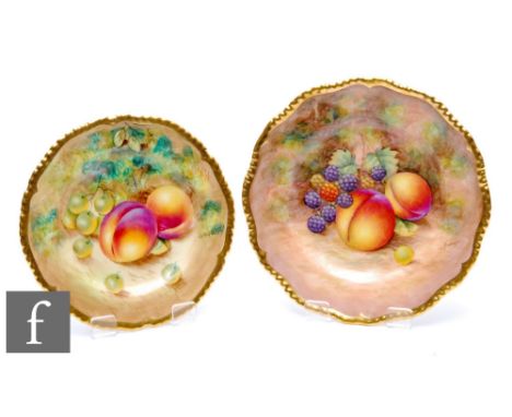 Two Royal Worcester Fallen Fruits cabinet plates, the first decorated by Telford with hand painted peaches and blackberries, 