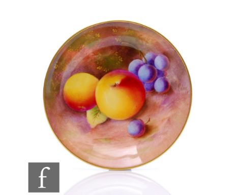 A small Royal Worcester Fallen Fruits pin dish decorated by Rolands with hand painted apples and black grapes, signed, black 