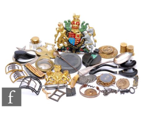 A collection of gilt brass George III spade guinea brass gaming counters, also Georgian steel buckles, Hobbs &amp; Co lock gu
