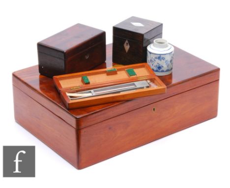 A 19th Century mahogany box missing interior, width 46cm, a small box, a square hardwood box containing an early 19th Century