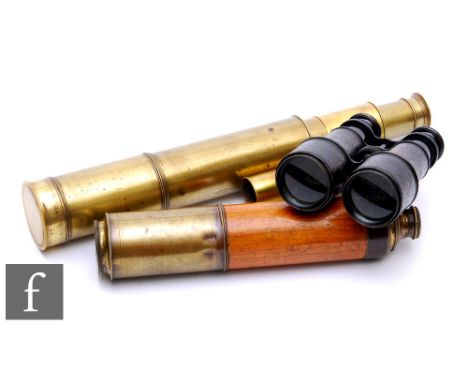 A 19th Century three drawer brass telescope with wooden collar, unnamed, length 83cm, a similar three drawer telescope with l