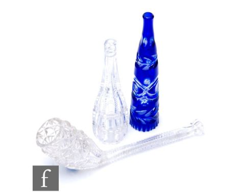 A later 19th Century clear crystal glass pipe, circa 1880, the bowl heavily cut with diamond and fan cuts, length 10cm, toget