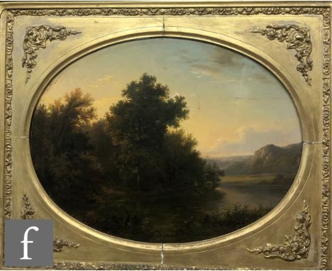 CIRCLE OF HENRY JOHN BODDINGTON (1811 - 1865) - Early morning river scene, oil on panel, oval, framed, 40.5cm x 53.5cm, frame