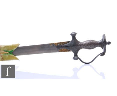 A late 19th Indo Persian Tulwar sword, 73cm, curved blade, decorated hilt and gold coloured detail to top of blade with later