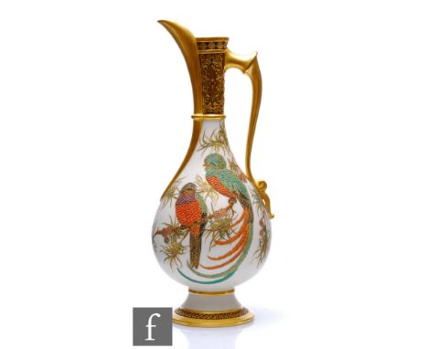 A large late 19th Century Royal Worcester shape 779 Aesthetic pedestal ewer decorated with two stylised exotic long tailed bi