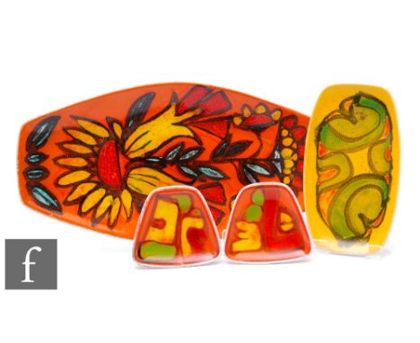A Poole Pottery Delphis shape 83 Spear Dish decorated with stylised sunflowers against an orange ground, printed mark, length