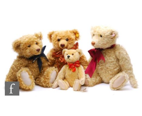 Four Steiff teddy bears, 038297 Old Gold, 407161 Teddy Bu 1925 Replica, 670985 Centenary Bear, and 004445 Classic. (4) 