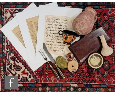 Two early 20th Century Indian double side illuminated book plates, a similar single sided plate, a small prayer mat, a collec