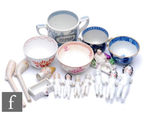 A small collection of assorted china to include three late 19th Century teabowls, a loving cup with Imperial Half Pint to the