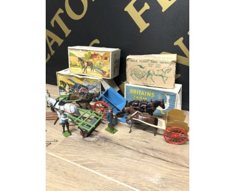 5 BOXED BRITAIN'S FARM TOYS ; MILK FLOAT AND HORSE, HORSE ROLLER WITH MAN NO . 9FX2, TUMBREL CART NO. 4F, SINGLE- HORSE PLOUG