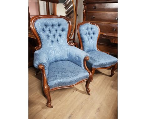 RE-UPHOLSTERED CARVED WALNUT FRAMED VICTORIAN BUTTON BACKED CHAIRS IN A BLUE FABRIC