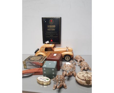 A BOX OF ASSORTED GOODS INC BONE SNUFF BOX AND BURGON BALL LOCK KNIFE WADE TORTOISE ETC