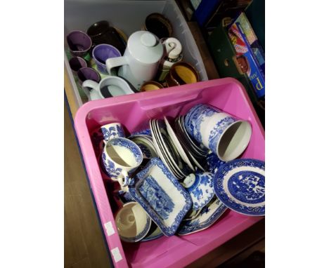 2 BOXES OF MAINLY BLUE AND WHITE DINNERWARE INCLUDING SPODE AND WILLOW PATTERN STAFFORDSHIRE